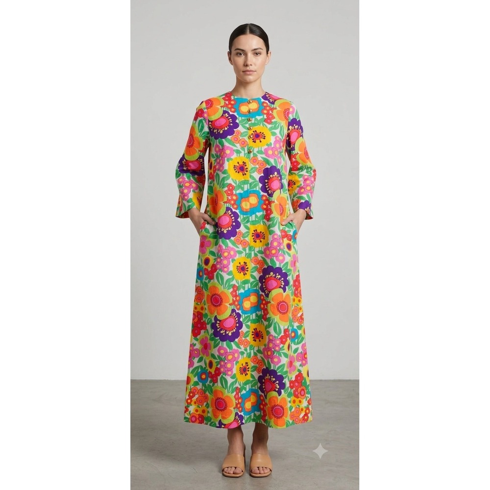 Keyloun Kaftan Maxi Dress Med Vintage 60s 70s Psychedelic Flower Power Retro Mod - Picture 7 of 14